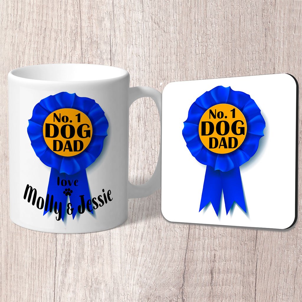 No. 1 Dog Dad Blue Rosette Personalised with Dog Name/s Mug