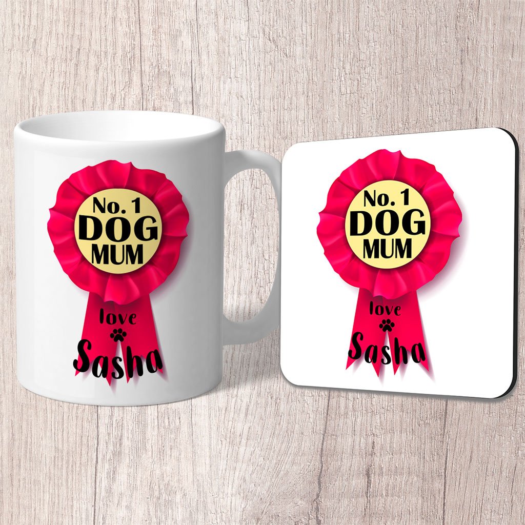 No. 1 Dog Mum Pink Rosette Personalised with Dog Name/s Mug
