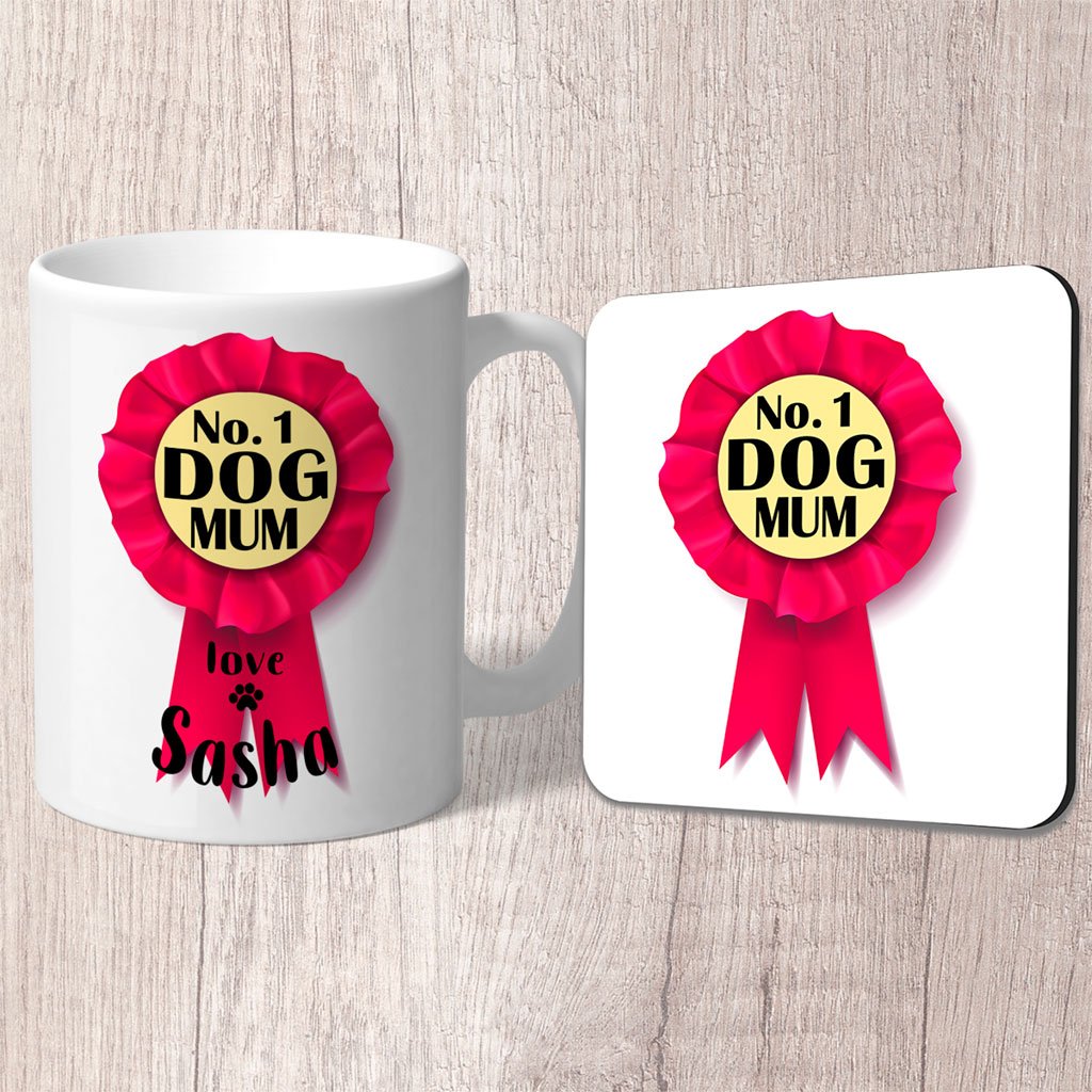 No. 1 Dog Mum Pink Rosette Personalised with Dog Name/s Mug