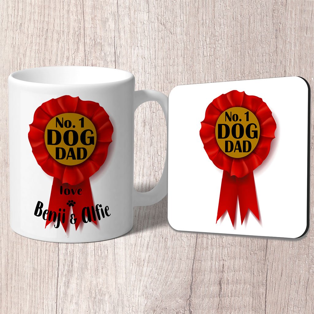 No. 1 Dog Dad Red Rosette Personalised with Dog Name/s Mug