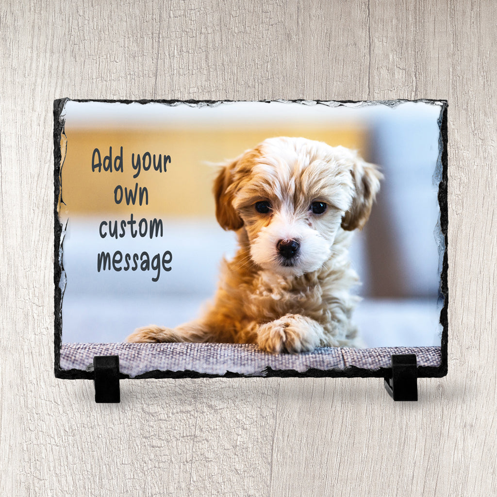 Dog Photo on Slate with Personalised Message