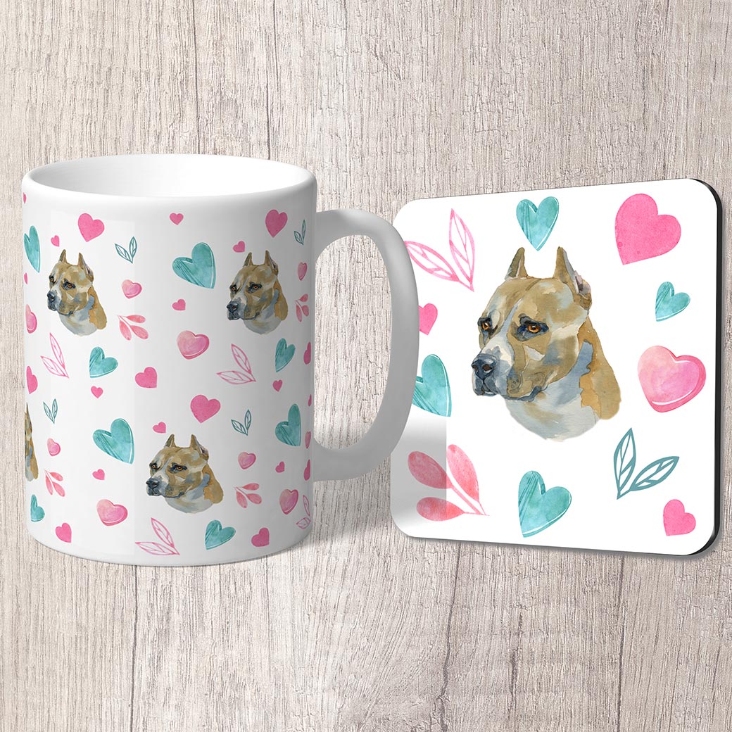 Staffordshire Bull Terrier with Pink and Turquoise Hearts Mug