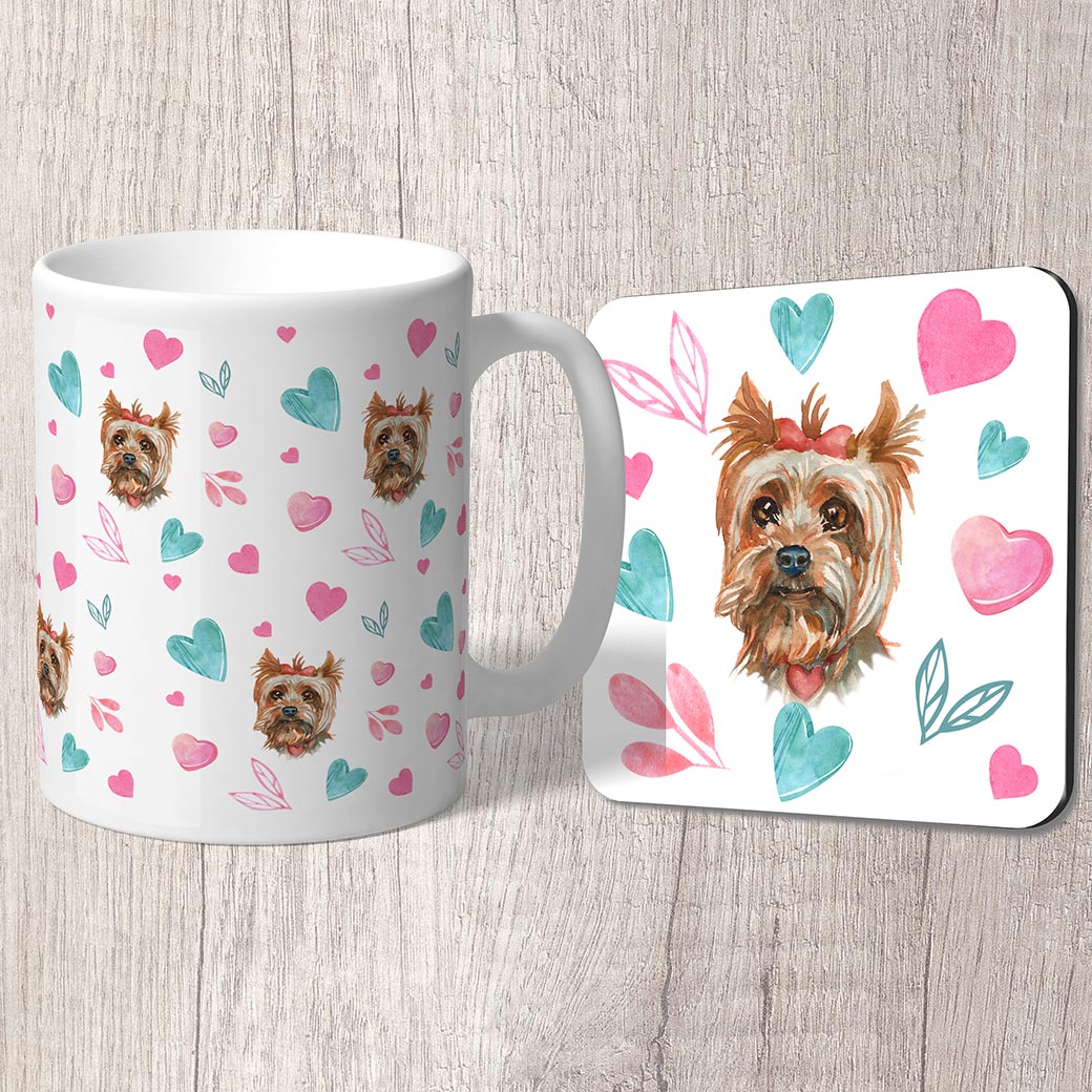 Yorkshire terrier puppy girl with Pink and Turquoise Hearts Mug