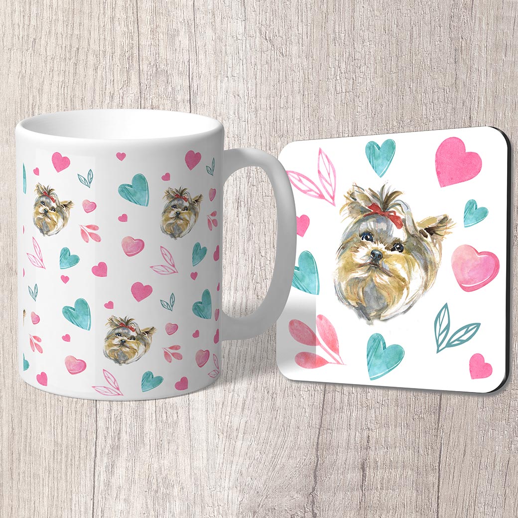 Yorkshire Terrier with Pink and Turquoise Hearts Mug