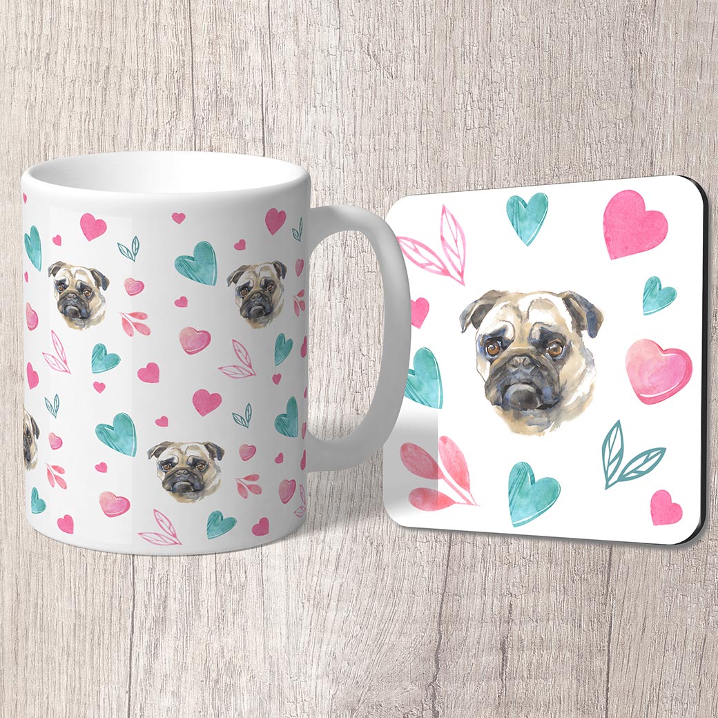 Pug with Pink and Turquoise Hearts Mug