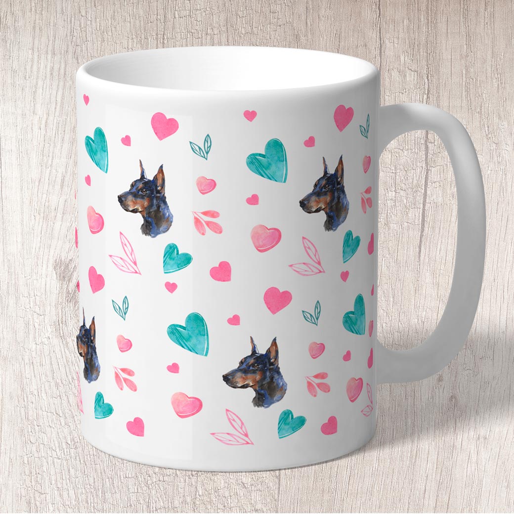 Doberman with Pink and Turquoise Hearts Mug