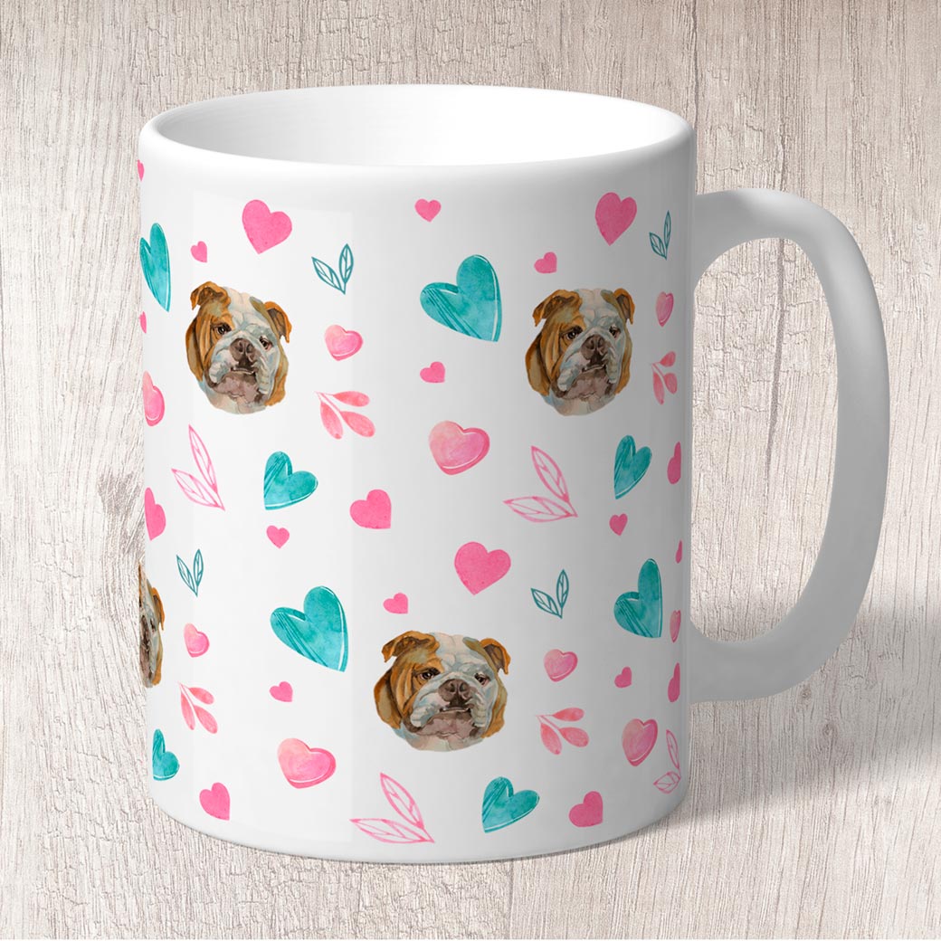 English Bulldog with Pink and Turquoise Hearts Mug