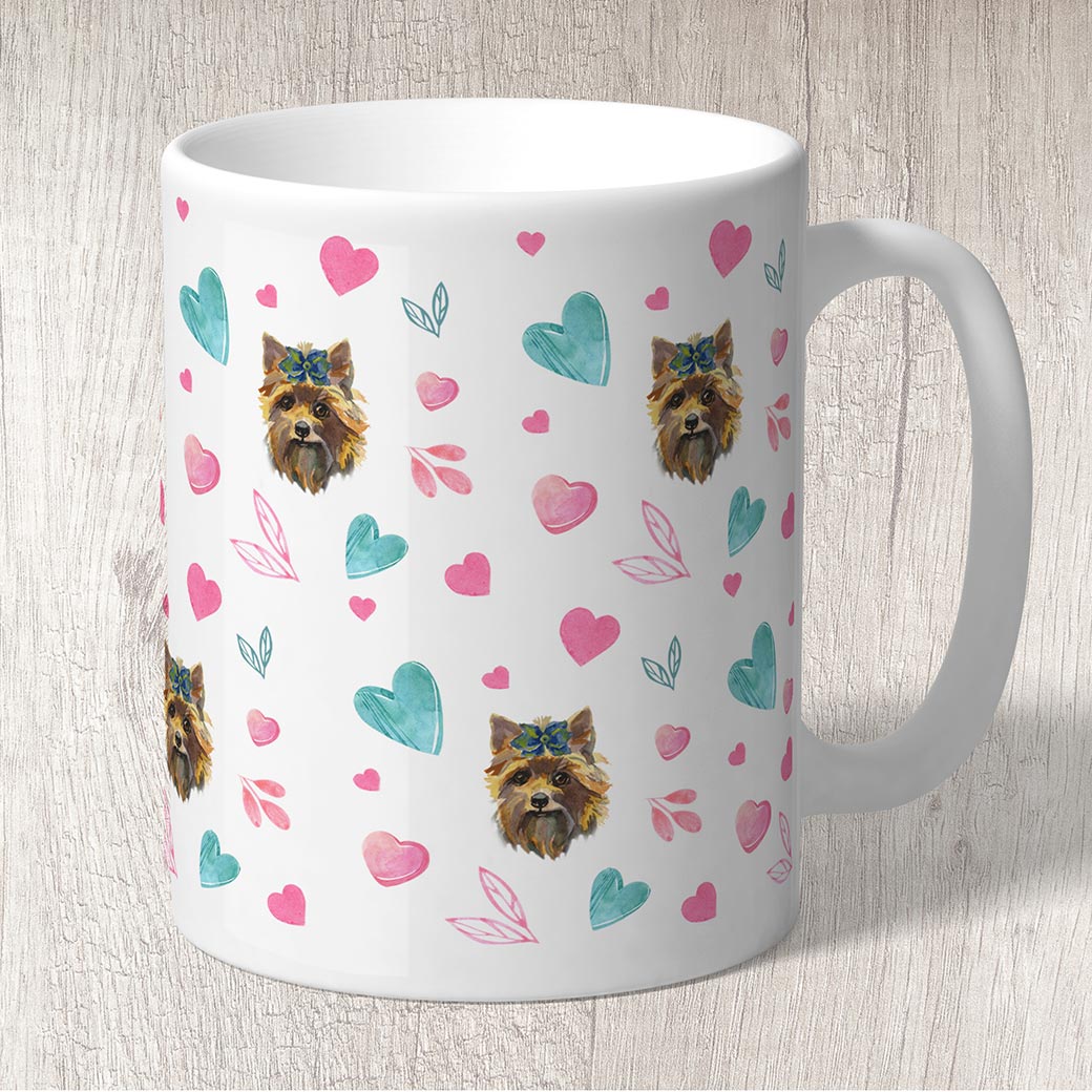 Yorkshire terrier puppy with Pink and Turquoise Hearts Mug