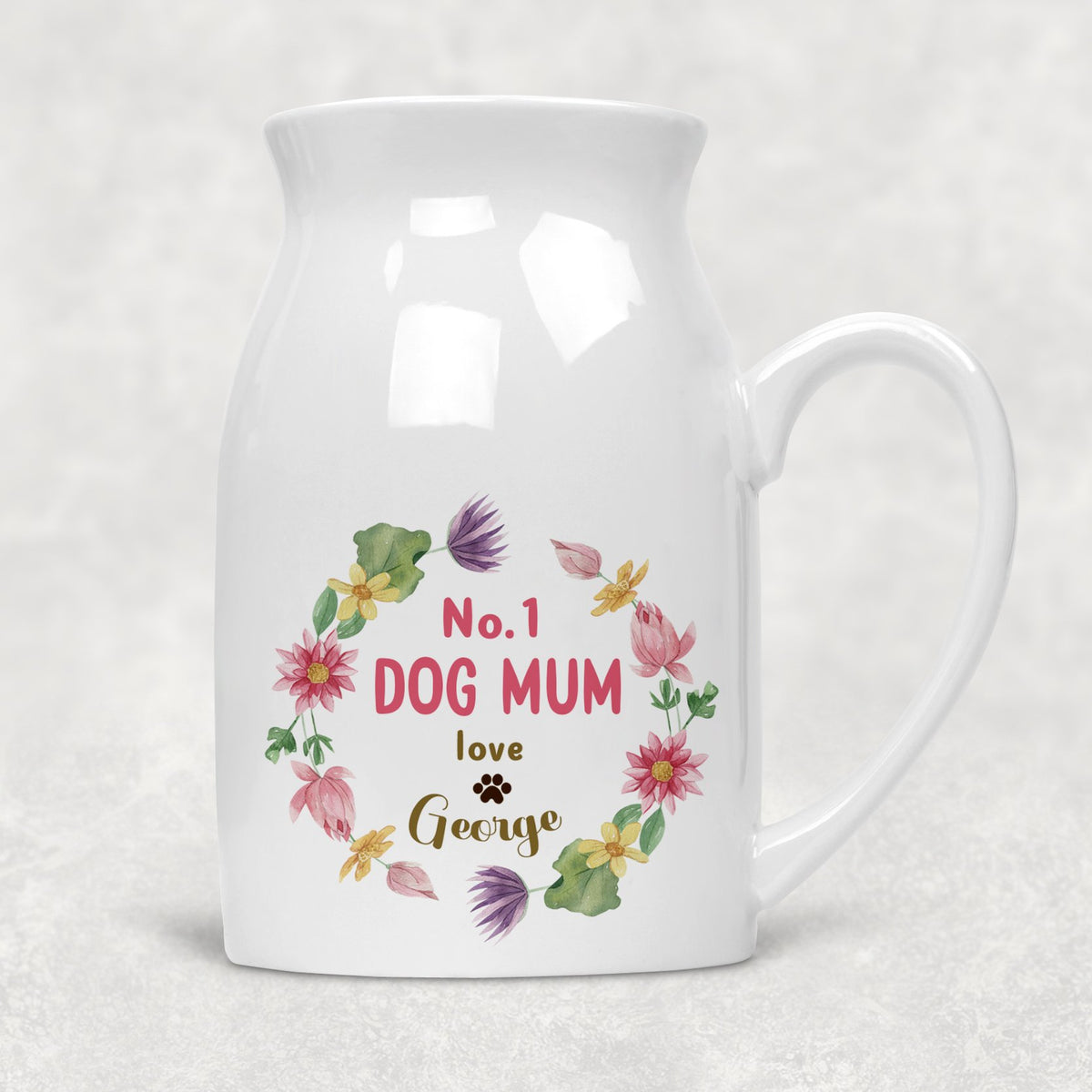 No. 1 Dog Mum Circle of Flowers Personalised with Dog Name/s Rustic Flower Vase/Jug (8428)